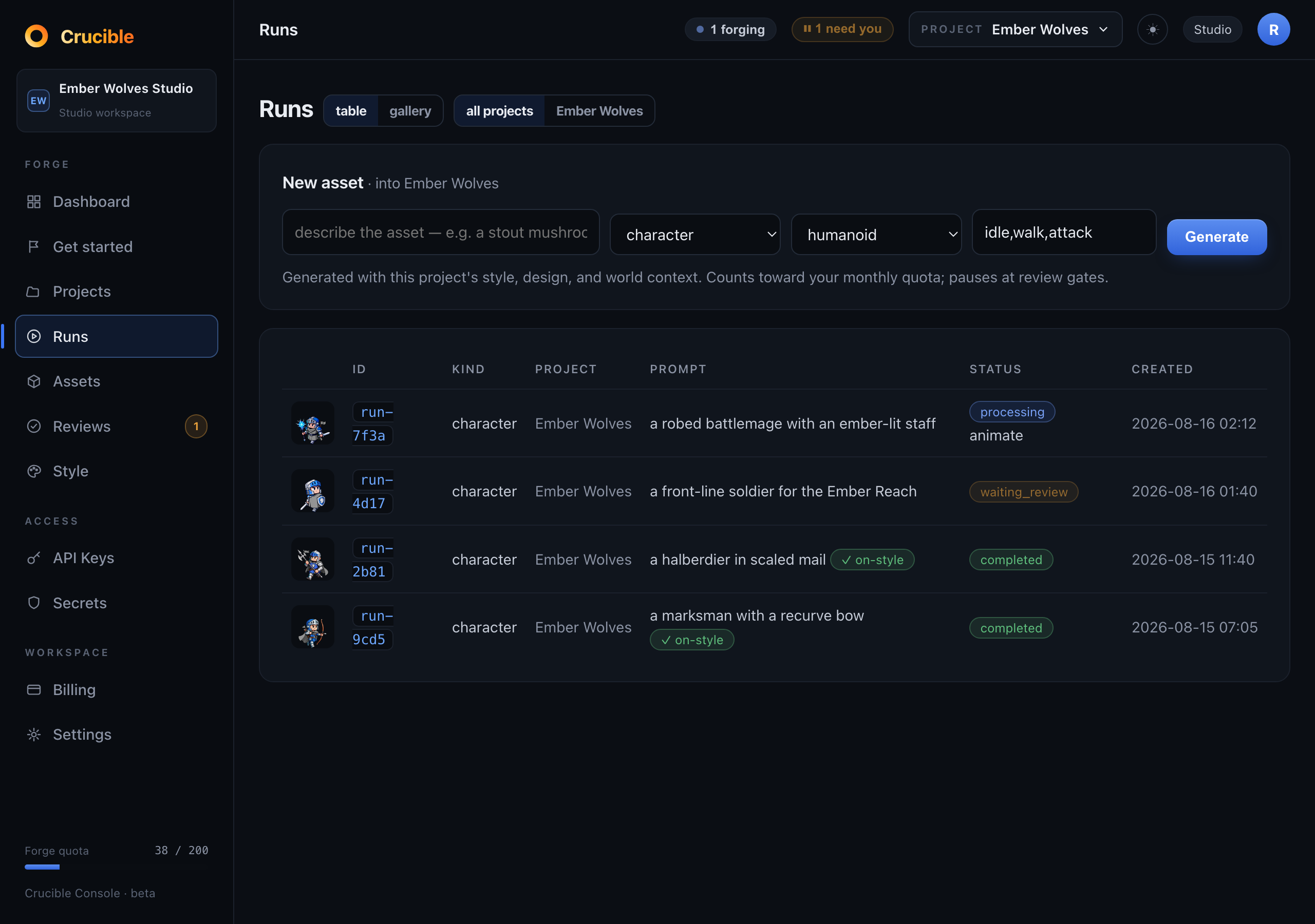 The Crucible console listing four asset runs with thumbnails, prompts, status and dates
