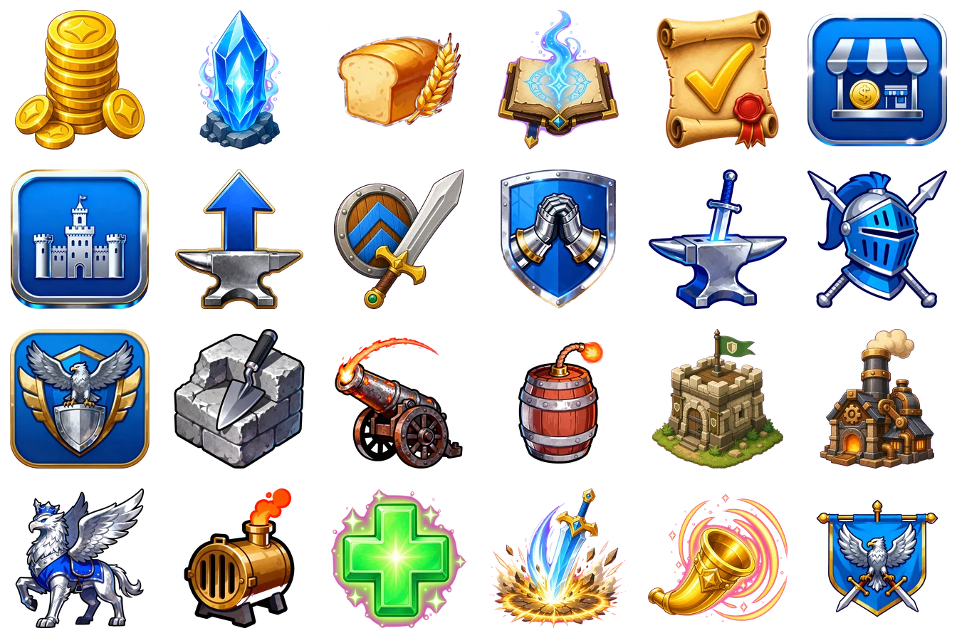 Twenty-four game icons — coins, gems, bread, a shield, an anvil, a cannon, a barracks, a healing cross — all in the same painted heraldic style